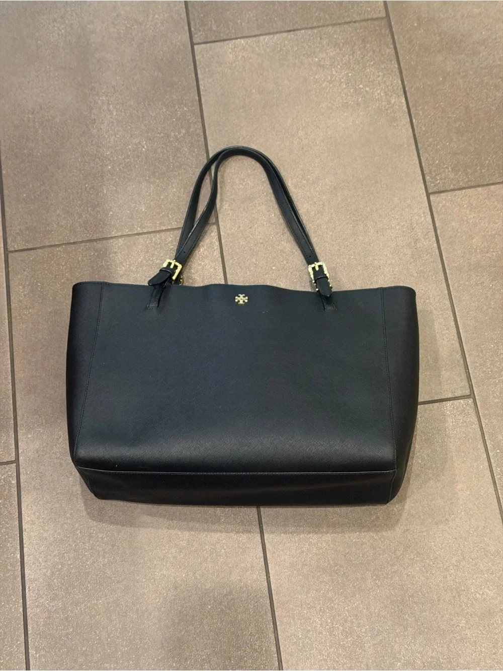 Tory Burch Black Leather Tote with Gold Logo and Hardware